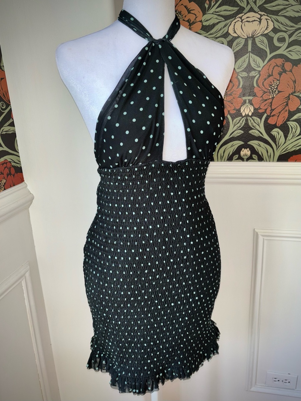 NWT Anthropologie Smocked Halter Mini Dress Mint Polka Dot Coquette - Picture 4 of 15